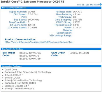 Core 2 extreme QX9775 specification