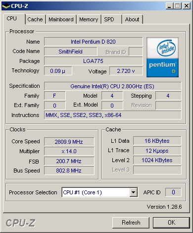 intel pentium D 820 cpuz